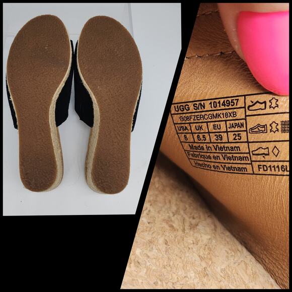 Ugg Sandals 8 Black Suede Leather Fringe Boho Peep Toe Wedges Mules Espadrille - Picture 14 of 14